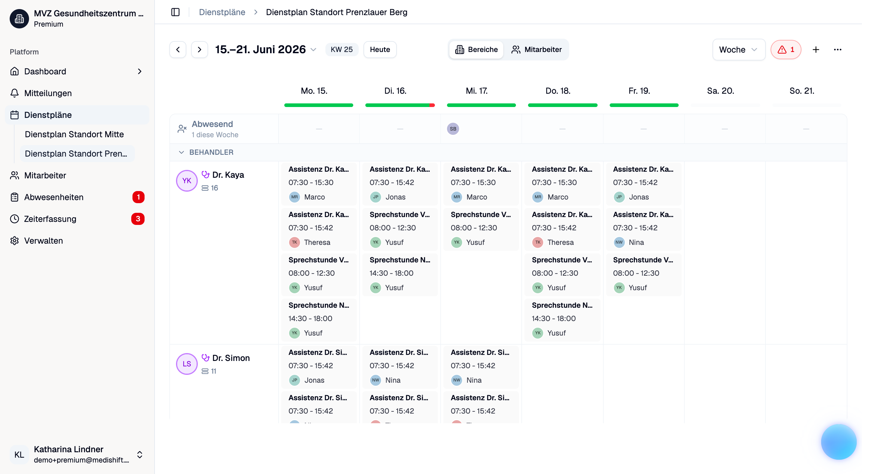 Screenshot der medishift-Oberfläche mit dem Wochendienstplan einer Praxis